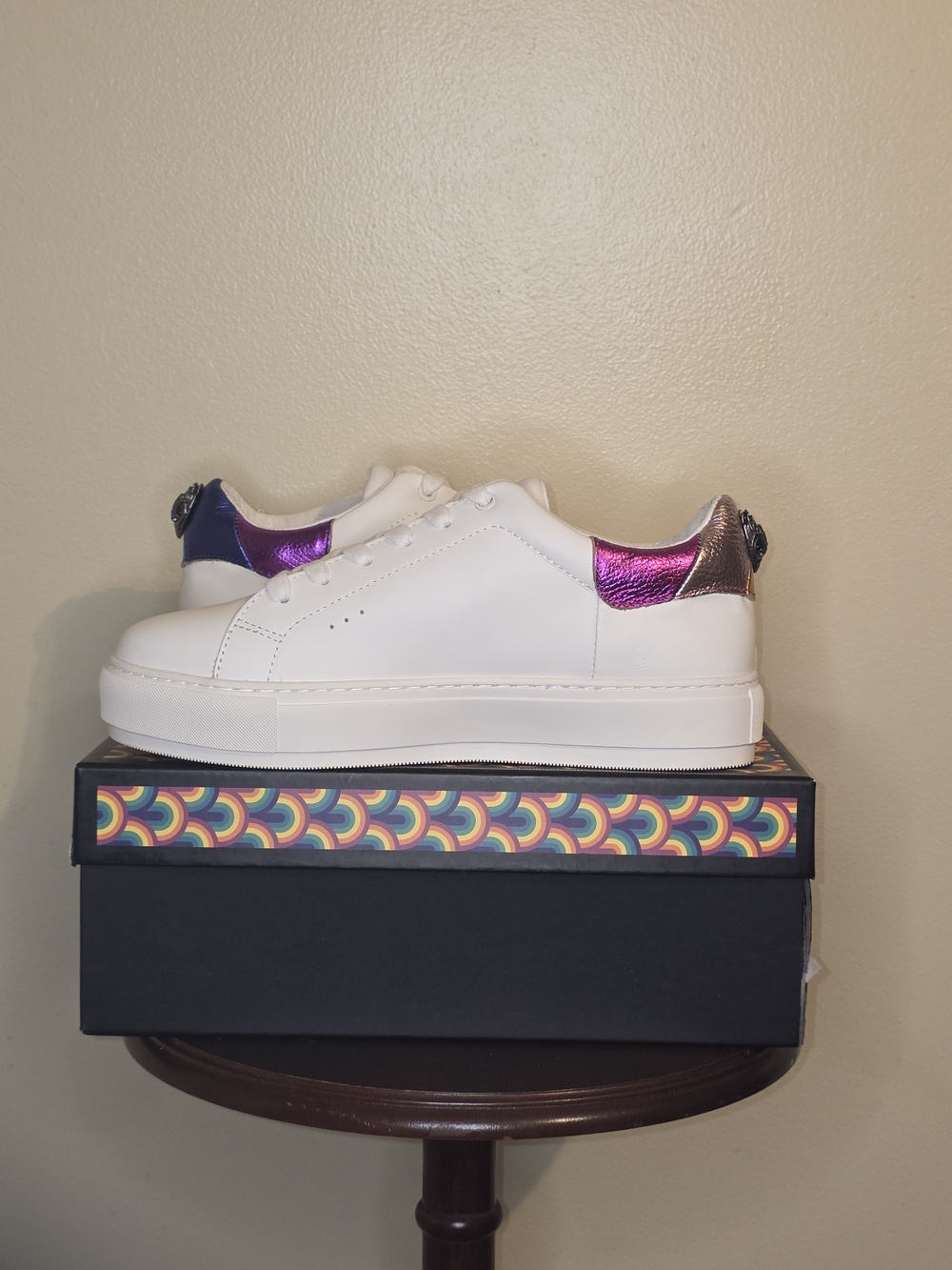Kurt Geiger White Sneakers with Metallic Purple and Silver Heel